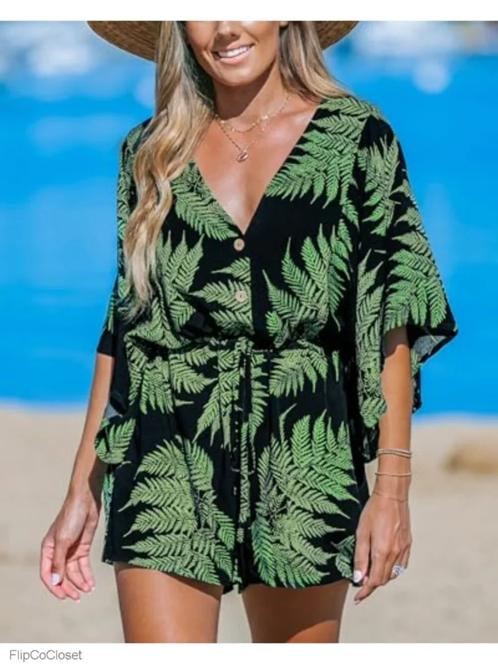 Women's Tropical Romper V-Neck Tie Waist Short Sleeve Rayon Jumpsuit